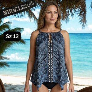MIRACLESUIT Women's Blue Geometric Peephole Tankini Top Size 12